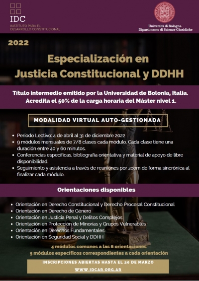 Con m&aacute;s orientaciones, inscriben para la tercera cohorte de la Especializaci&oacute;n en Justicia Constitucional y Derechos Humanos