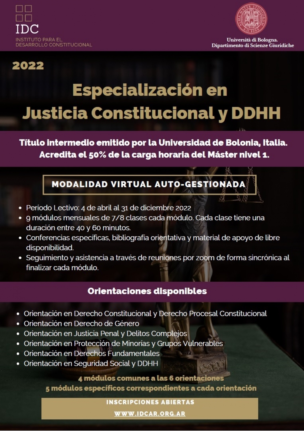 Especializaci&oacute;n en Justicia Constitucional y Derechos Humanos: inscripci&oacute;n abierta para seis orientaciones