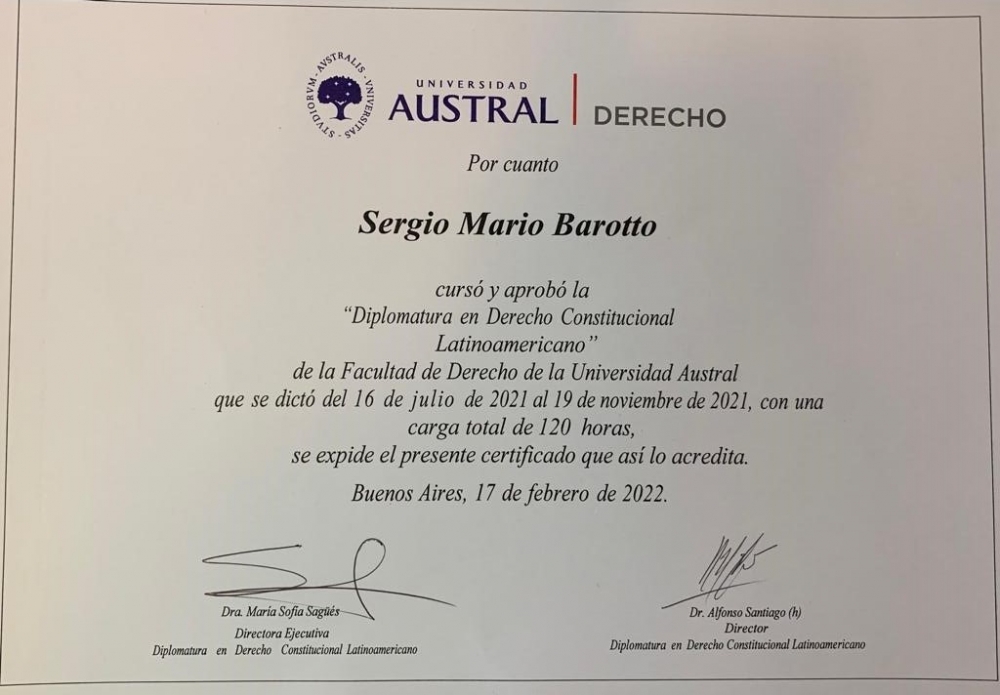 El juez Barotto recibi&oacute; el t&iacute;tulo como Diplomado en Derecho Constitucional Latinoamericano