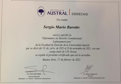 El juez Barotto recibi&oacute; el t&iacute;tulo como Diplomado en Derecho Constitucional Latinoamericano